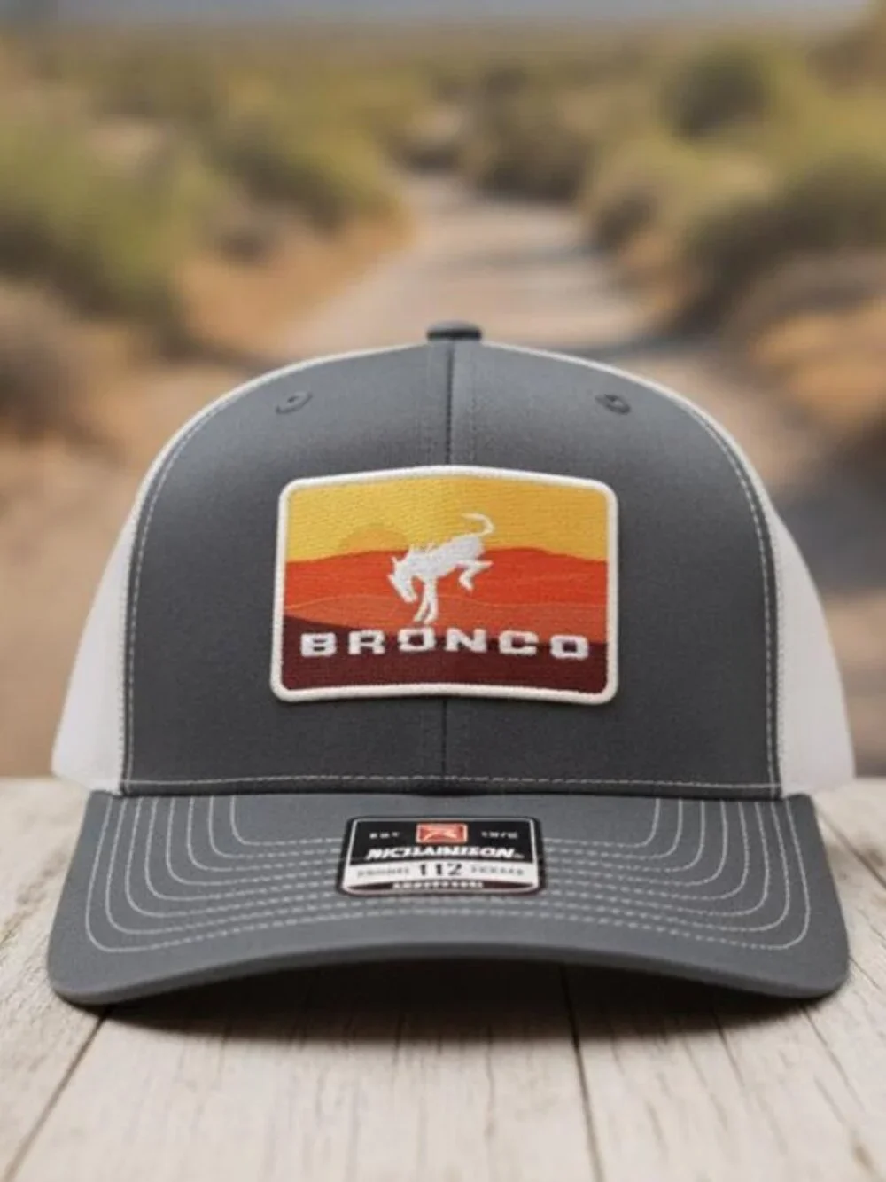 Retro Bronco Sunset Embroidered Patch Trucker Hat Richardson 112 Snapback Cap